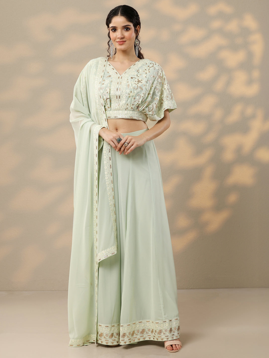  Libas Art Green Embroidered Georgette 3 Piece Co-Ords 