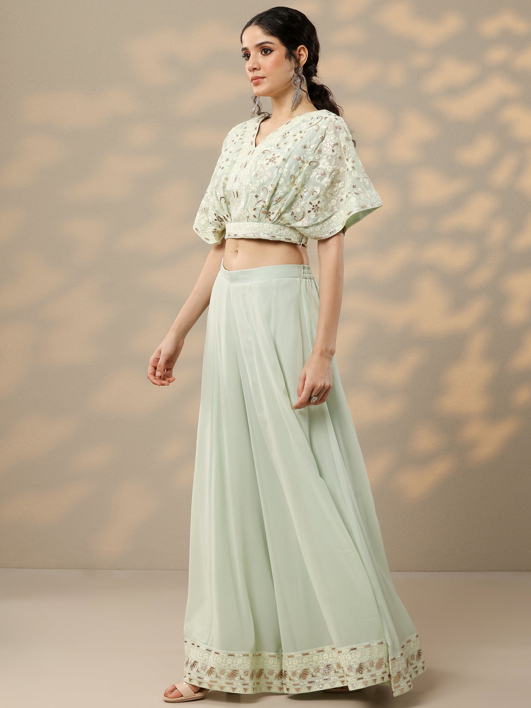  Libas Art Green Embroidered Georgette 3 Piece Co-Ords 