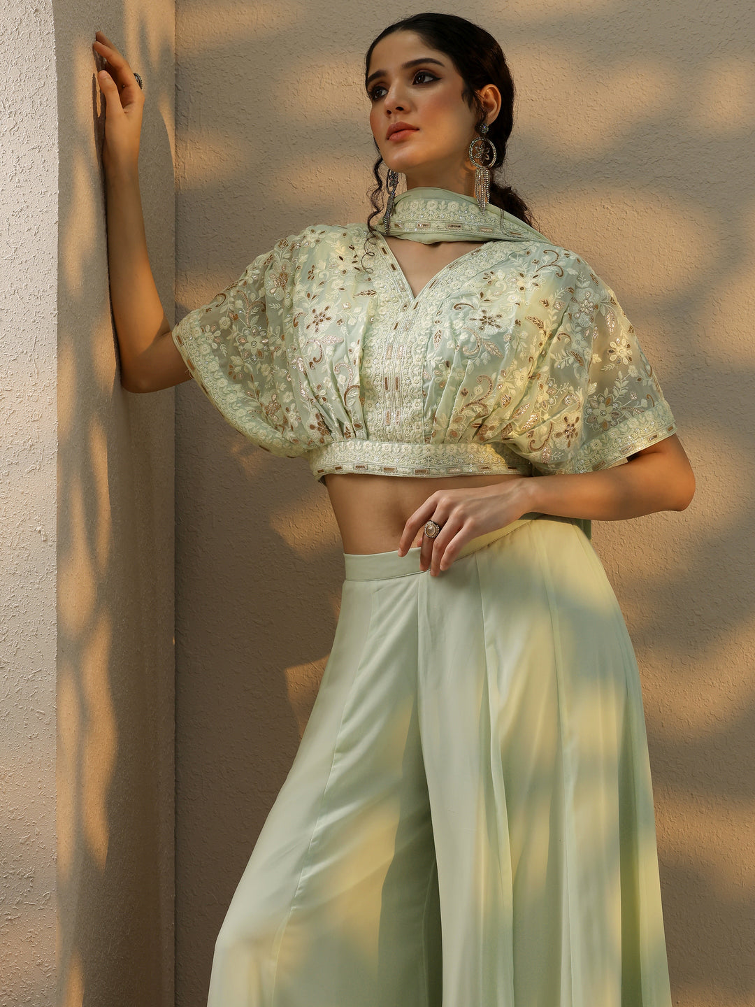  Libas Art Green Embroidered Georgette 3 Piece Co-Ords 
