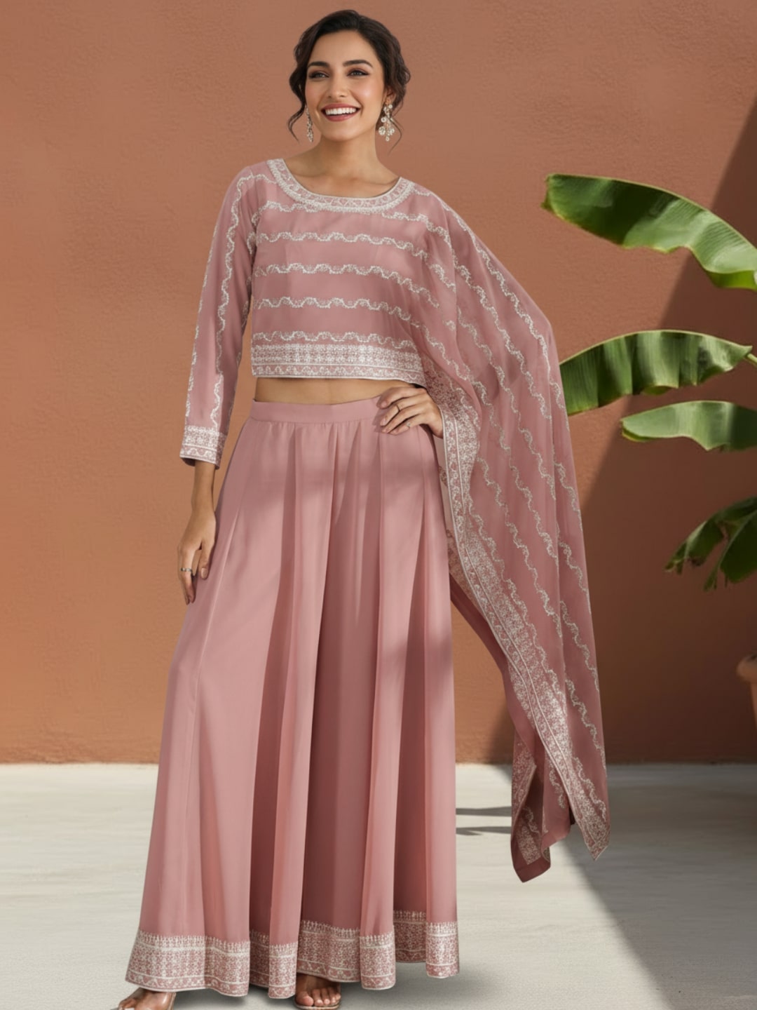  Libas Art Pink Embroidered Georgette Co-Ords 