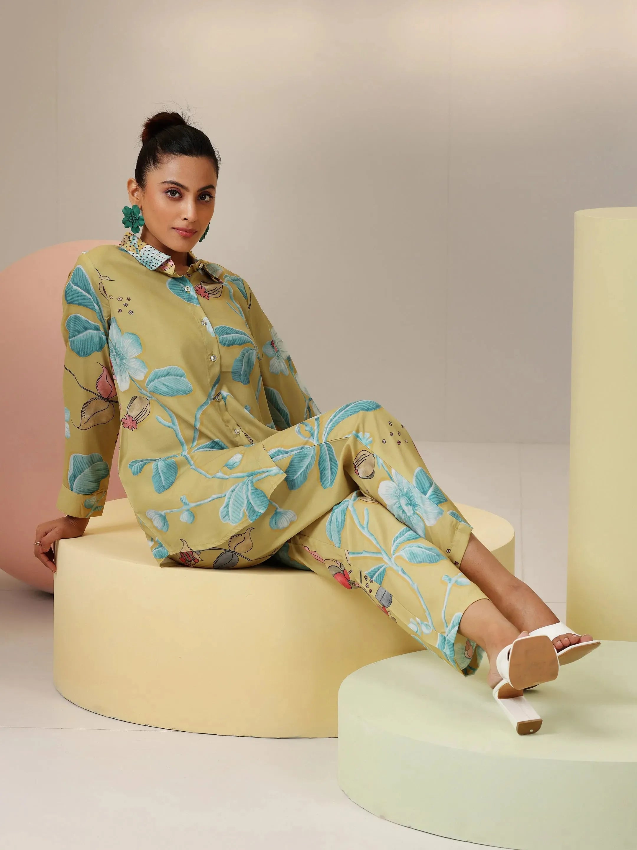 libas Mustard Printed Polyester Co-Ords-picture-39