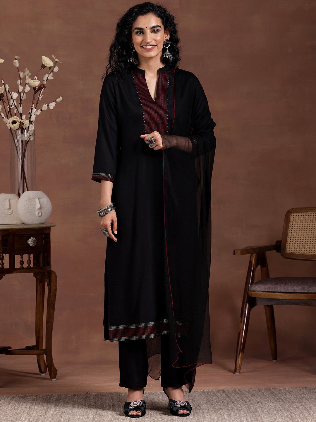  Black Yoke Design Viscose Rayon Straight Suit With Dupatta 