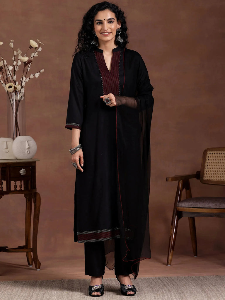 Libas Black Yoke Design Viscose Rayon Straight Suit With Dupatta