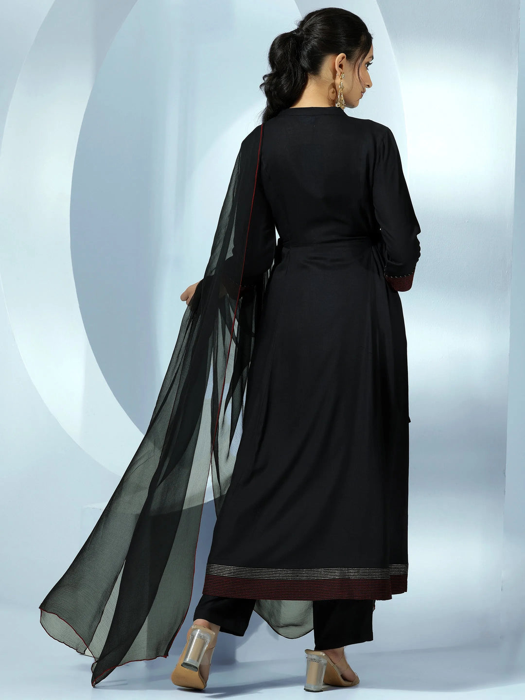  Black Yoke Design Viscose Rayon A-Line Kurta With Trousers & Dupatta 