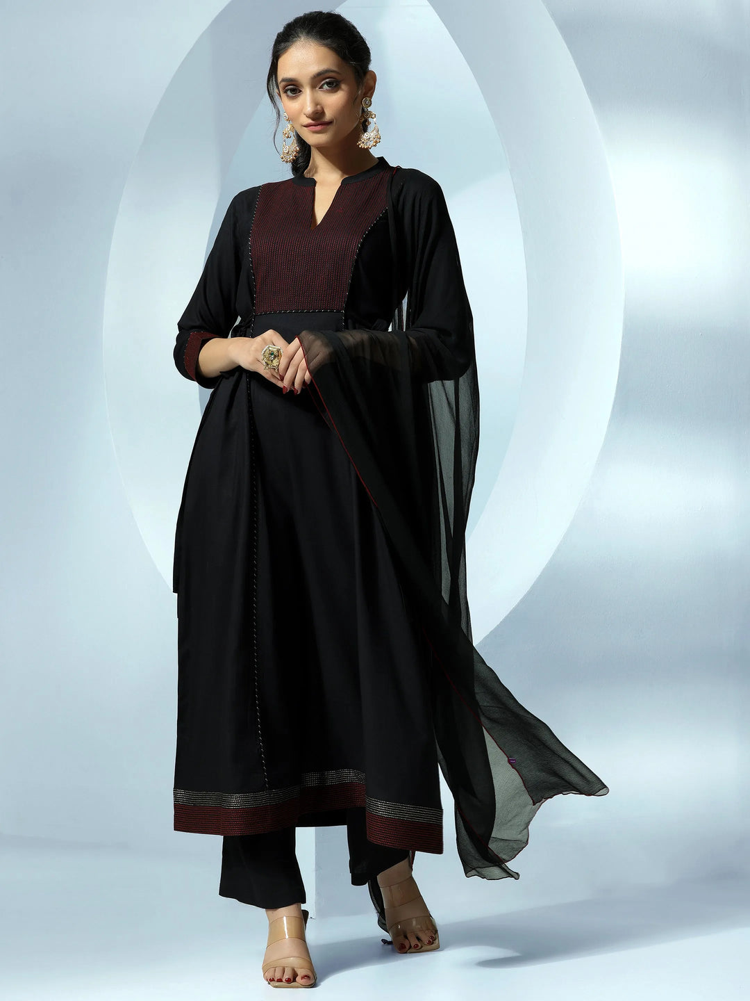  Black Yoke Design Viscose Rayon A-Line Kurta With Trousers & Dupatta 