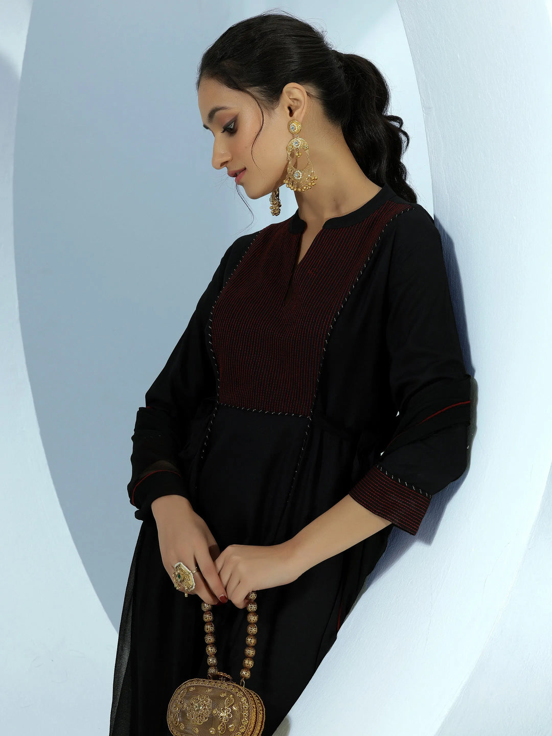  Black Yoke Design Viscose Rayon A-Line Kurta With Trousers & Dupatta 