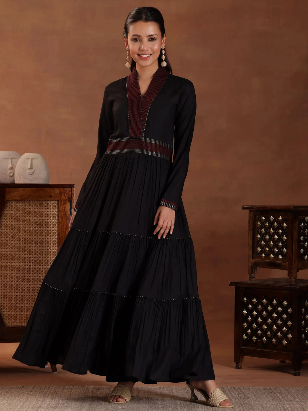  Black Self Design Pure Rayon A-Line Kurta Set 