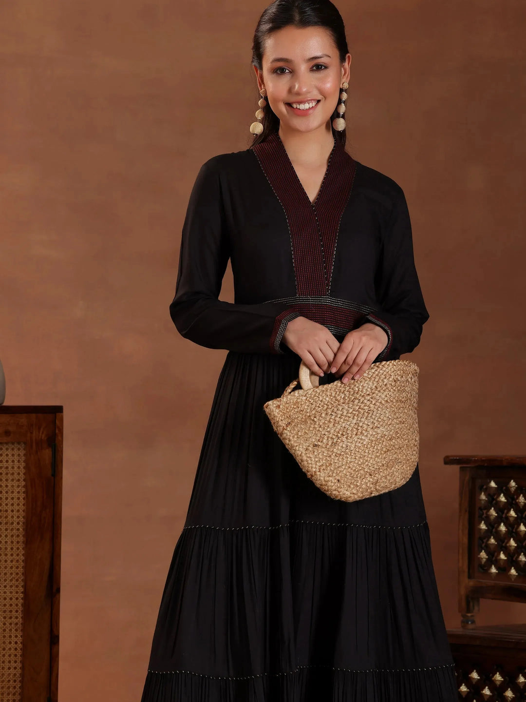  Black Self Design Pure Rayon A-Line Kurta Set 