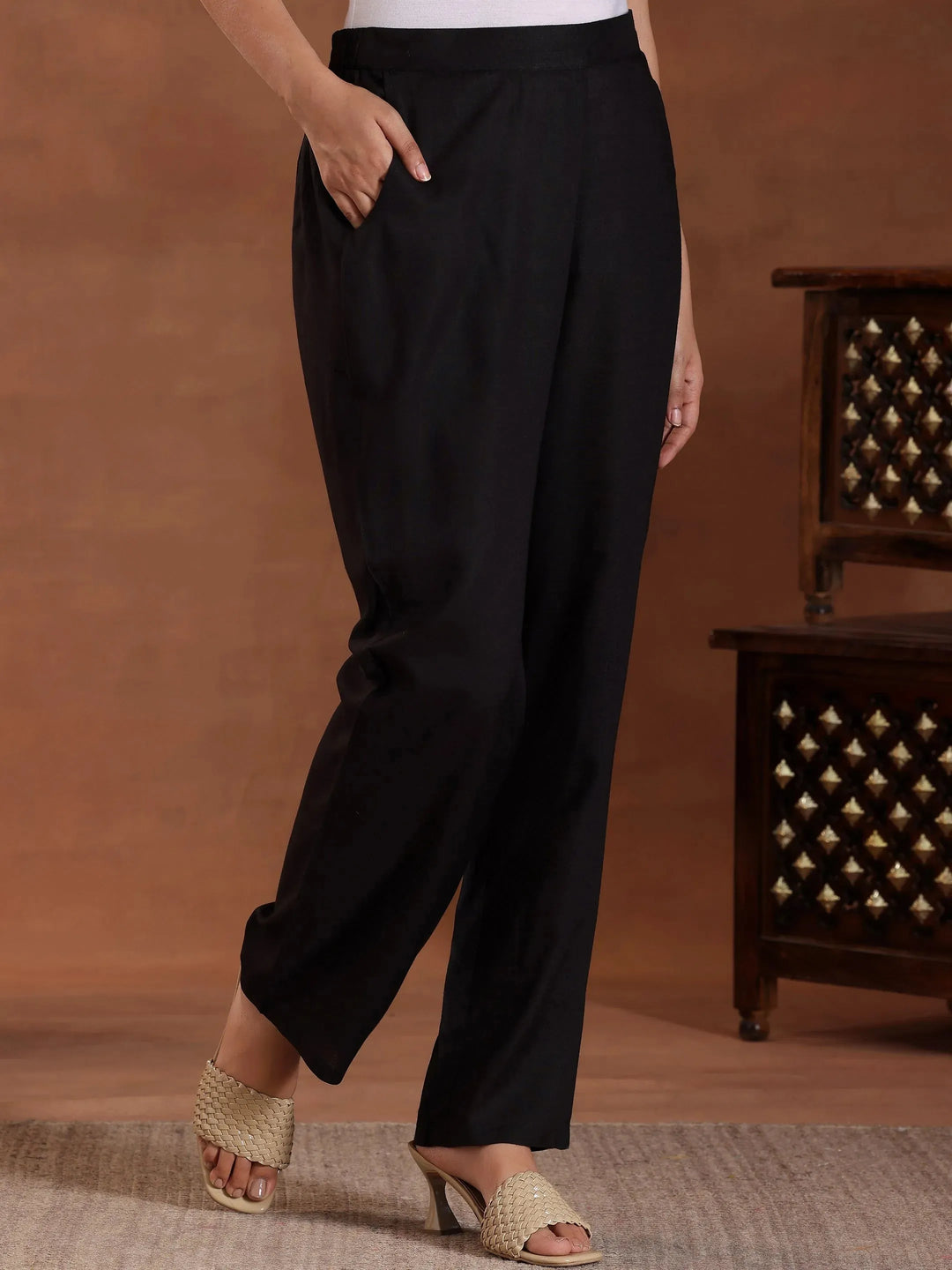  Black Self Design Pure Rayon A-Line Kurta Set 