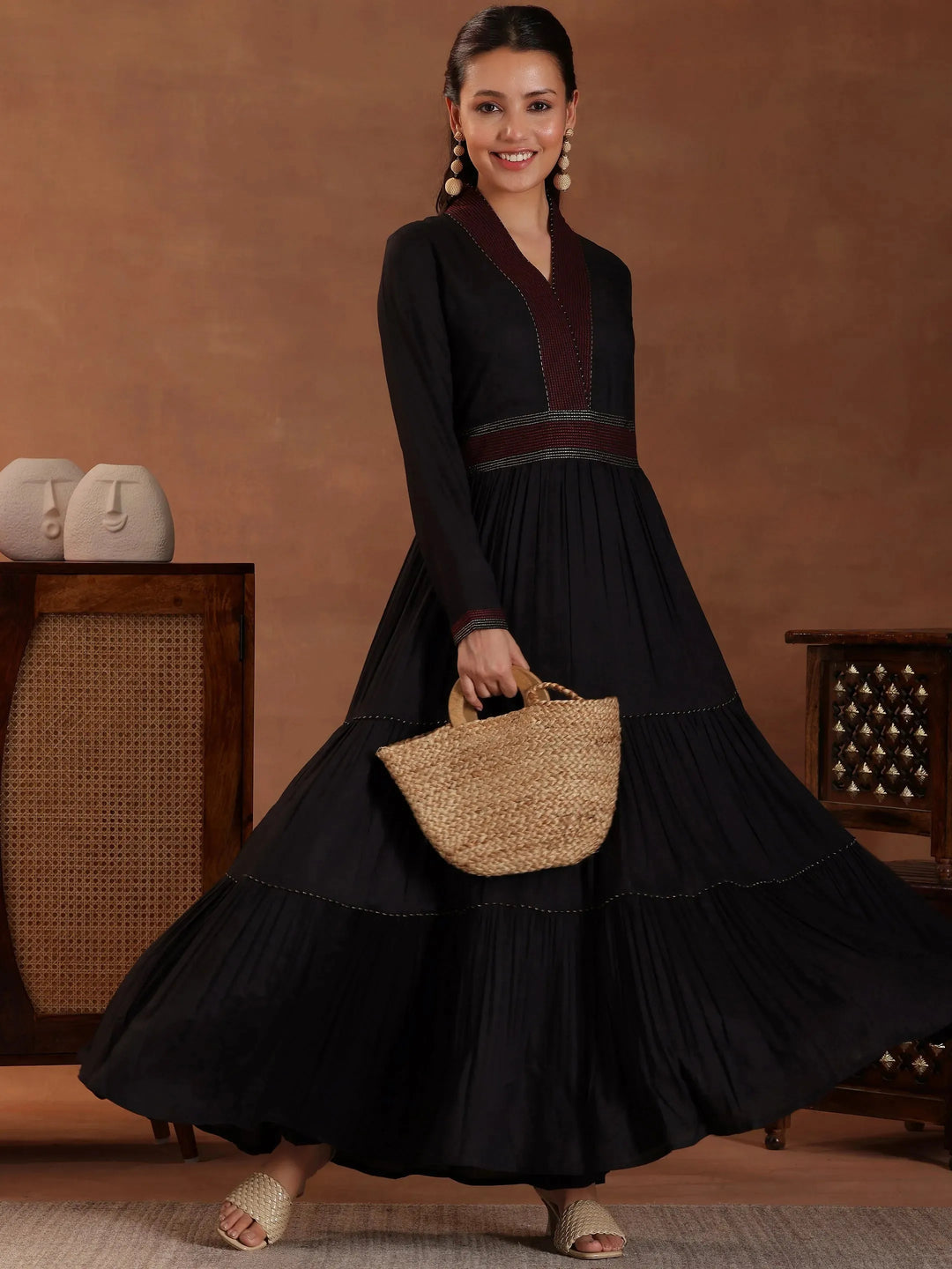 Black Self Design Pure Rayon A-Line Kurta Set