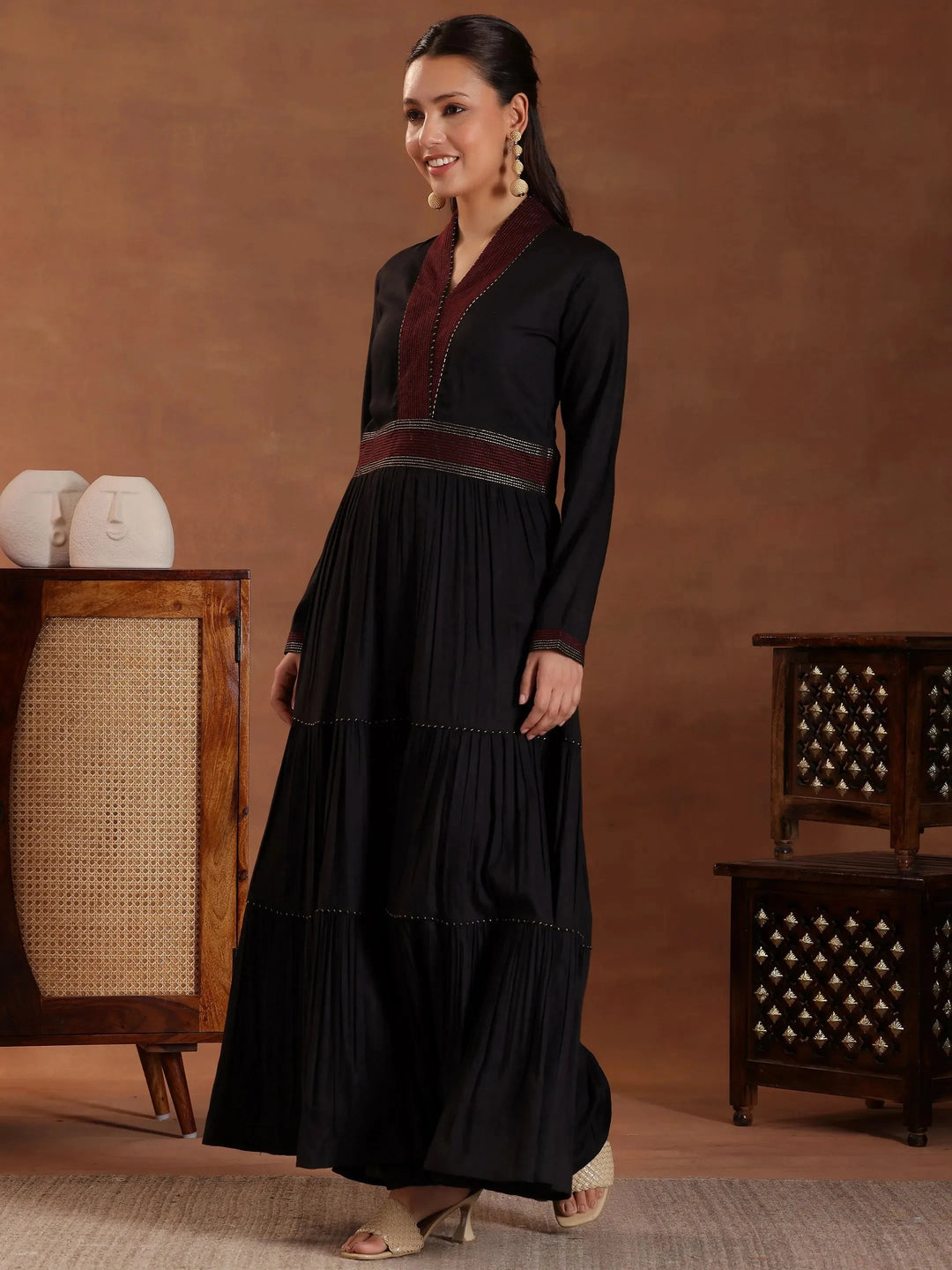  Black Self Design Pure Rayon A-Line Kurta Set 