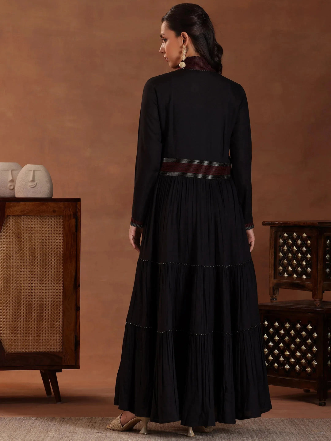  Black Self Design Pure Rayon A-Line Kurta Set 