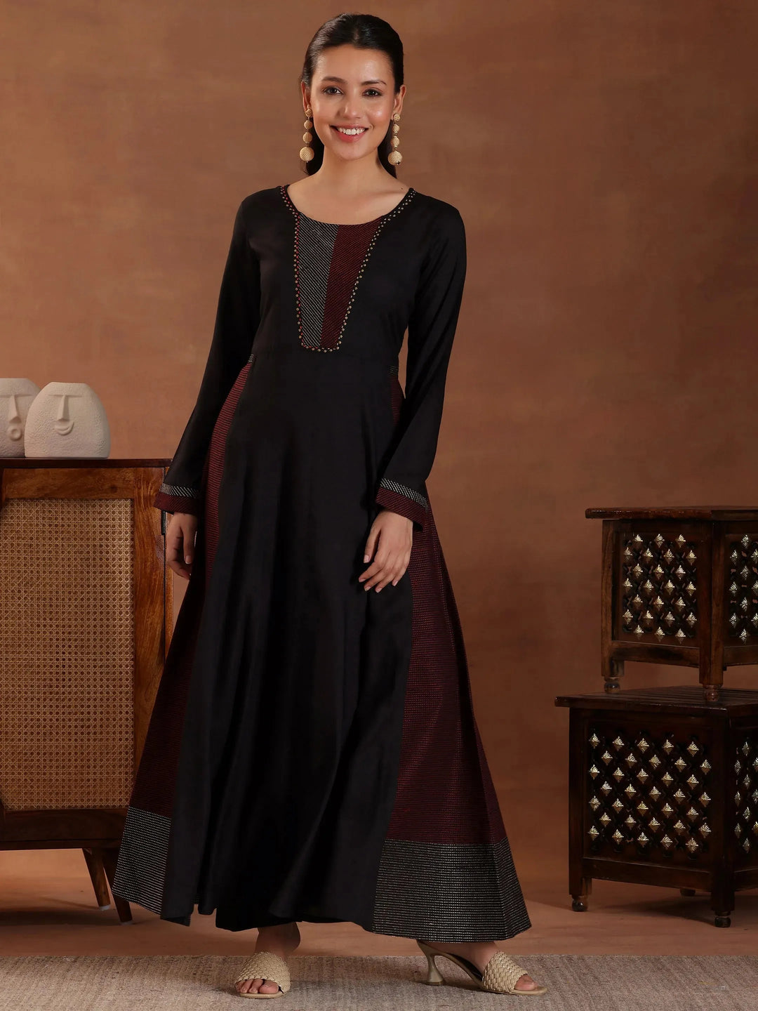  Black Self Design Pure Viscose Rayon A-Line Kurta With Trousers 
