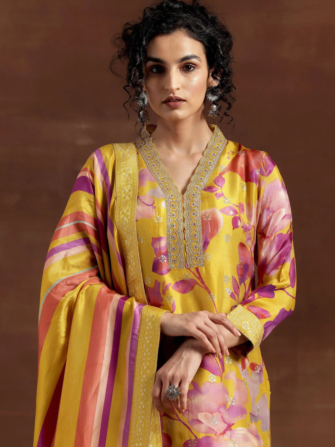 Mustard Printed Silk Blend Straight Suit With Dupatta