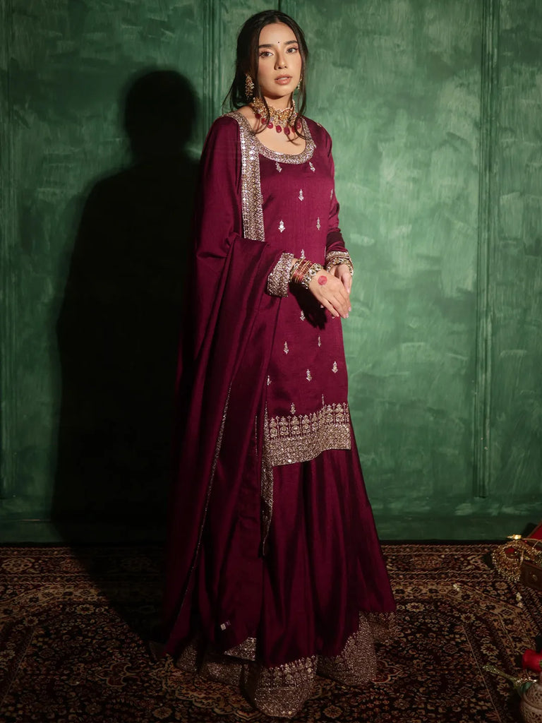 Libas Maroon Embroidered Silk Blend Straight Suit With Dupatta