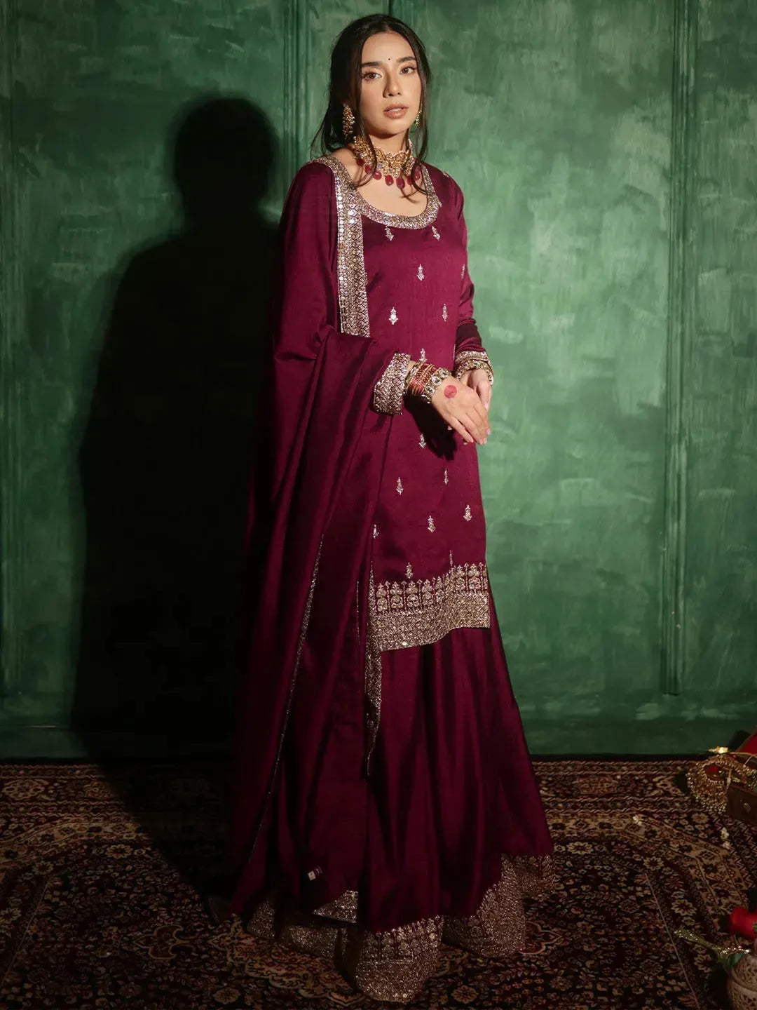 libas Maroon Embroidered Silk Blend Straight Suit With Dupatta-picture-39
