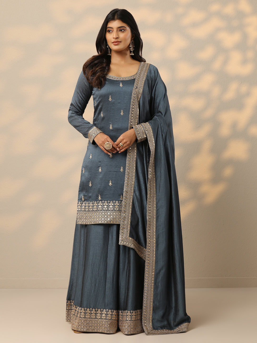  Grey Embroidered Silk Blend Pakistani Suit 