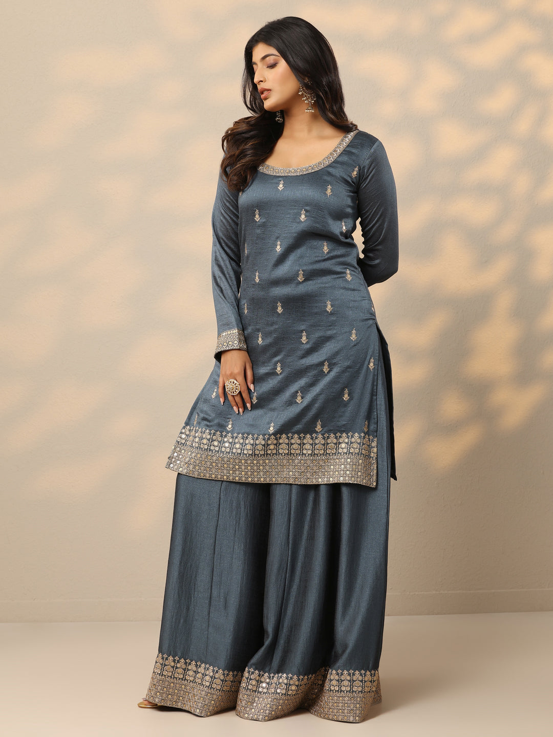  Grey Embroidered Silk Blend Pakistani Suit 