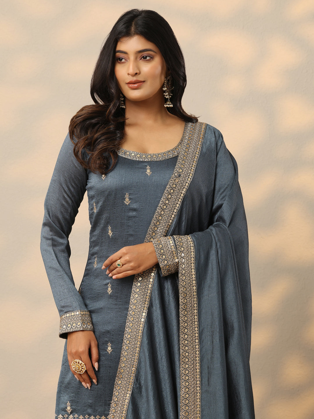  Grey Embroidered Silk Blend Pakistani Suit 