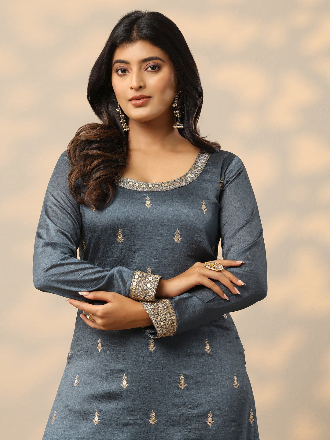  Grey Embroidered Silk Blend Pakistani Suit 