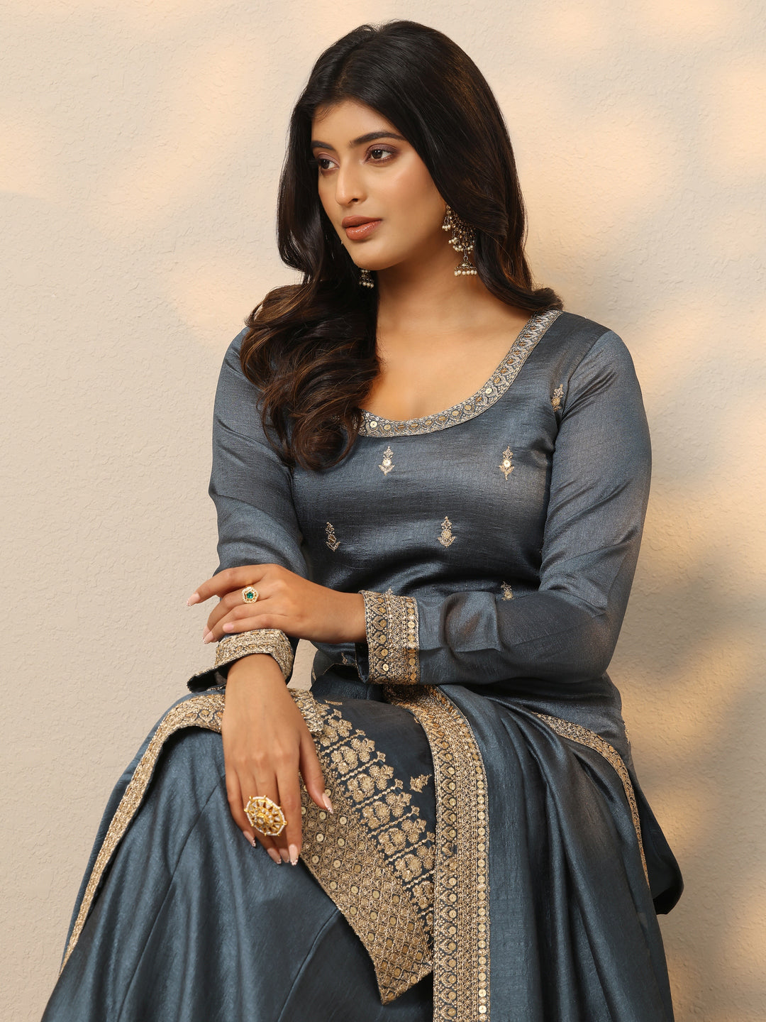  Grey Embroidered Silk Blend Pakistani Suit 