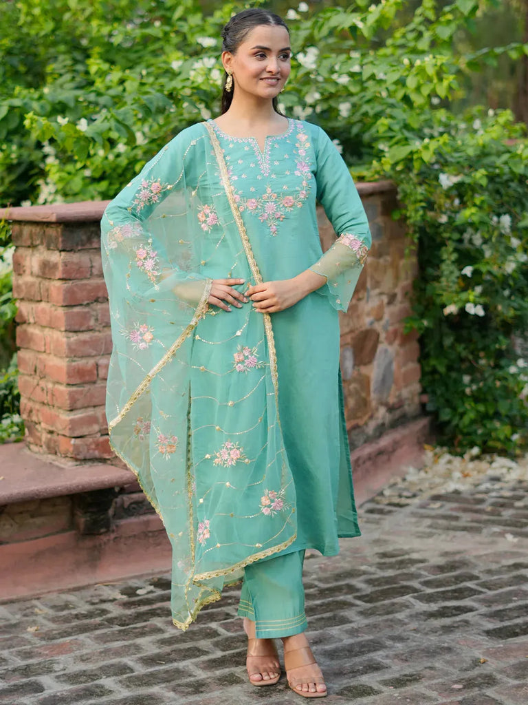Libas Green Yoke Design Silk Blend Straight Suit With Dupatta