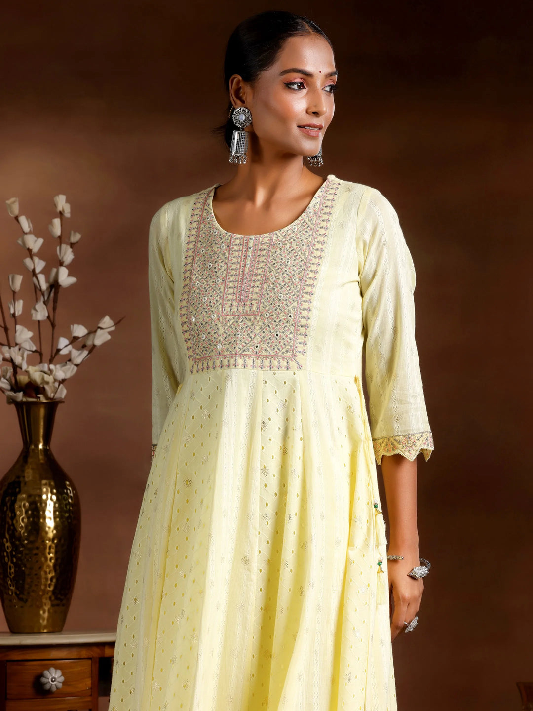  Yellow Embroidered Cotton A-Line Kurta With Trousers & Dupatta 