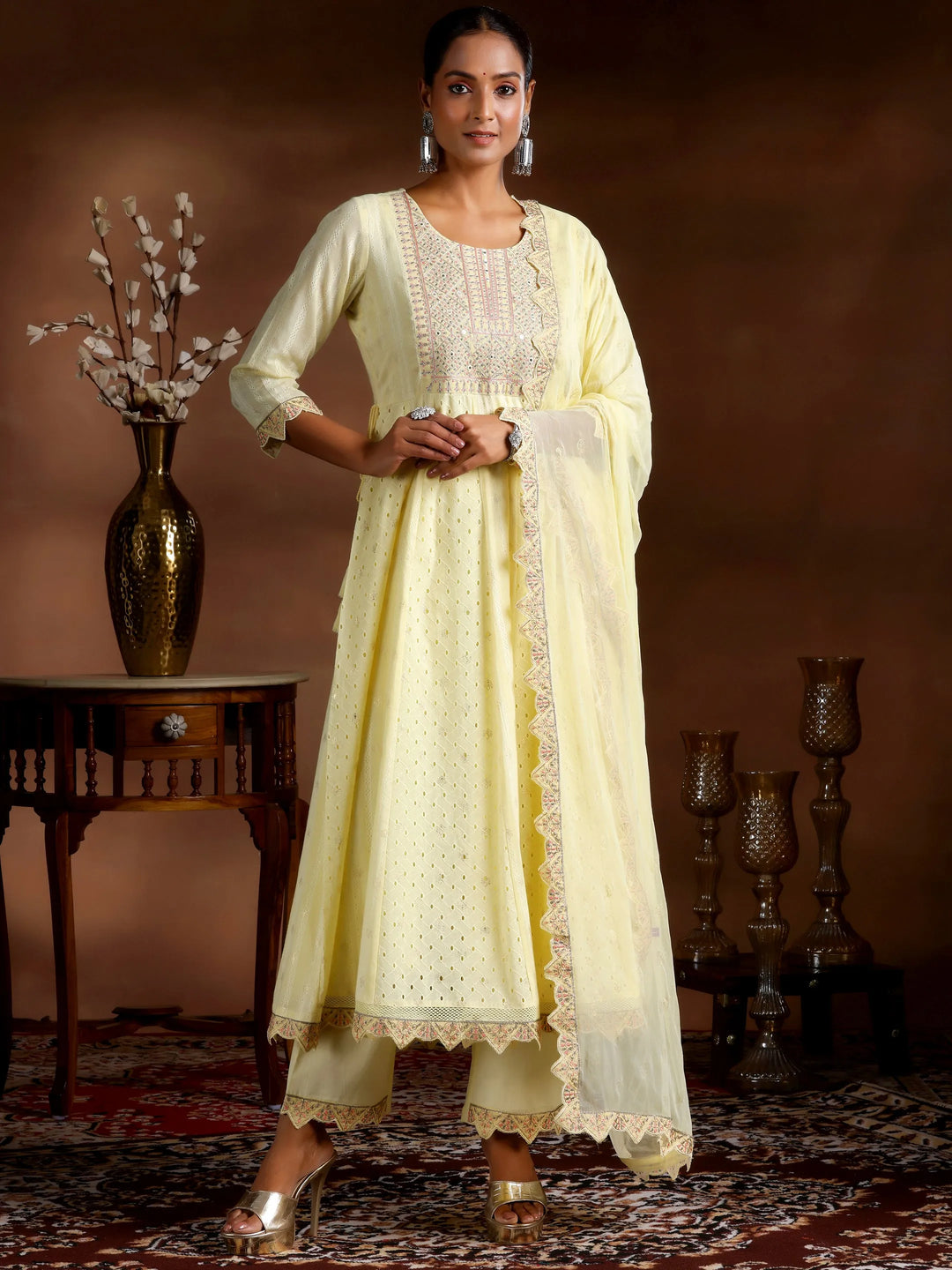  Yellow Embroidered Cotton A-Line Kurta With Trousers & Dupatta 