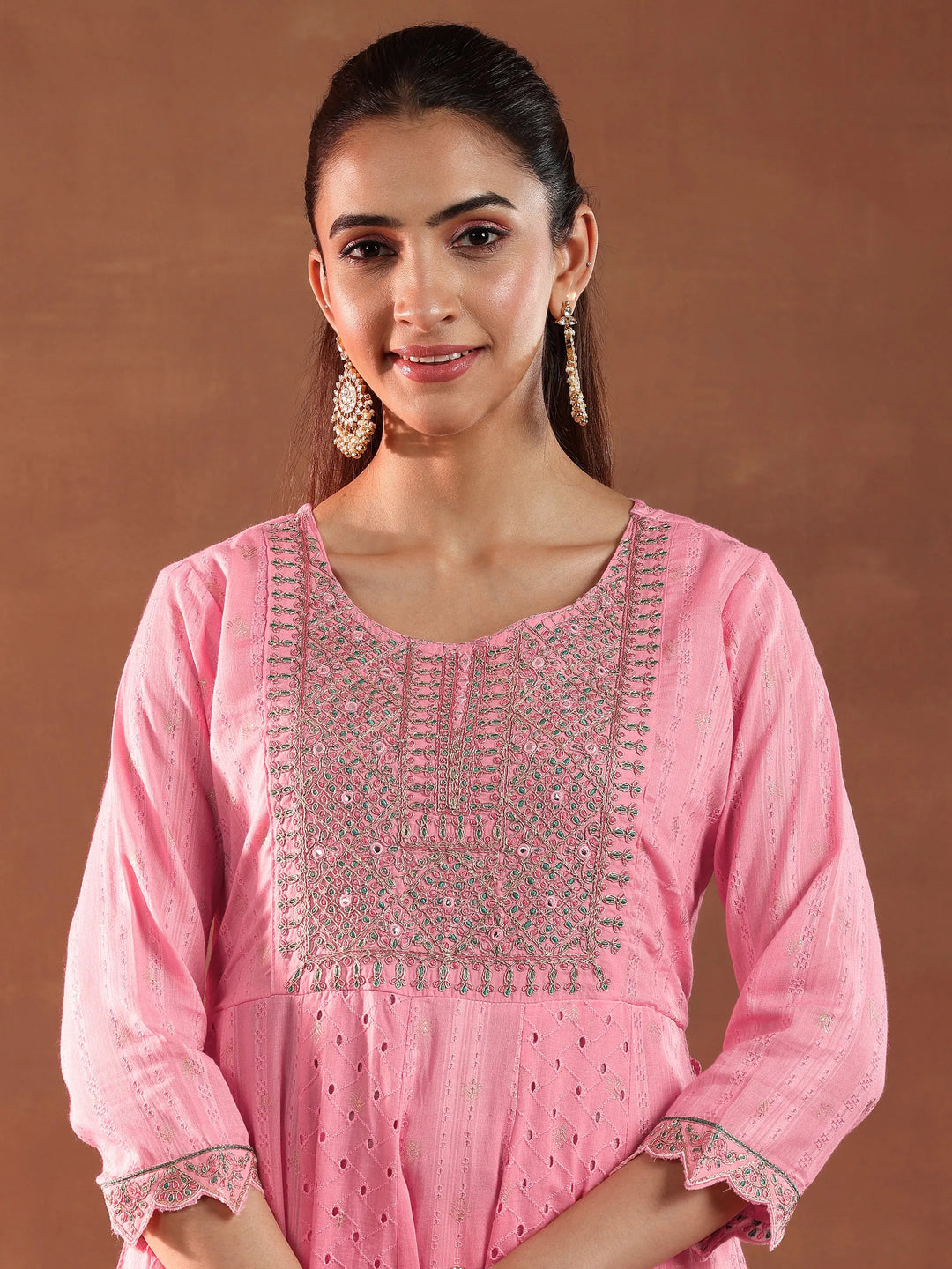  Pink Embroidered Cotton A-Line Kurta With Trousers & Dupatta 