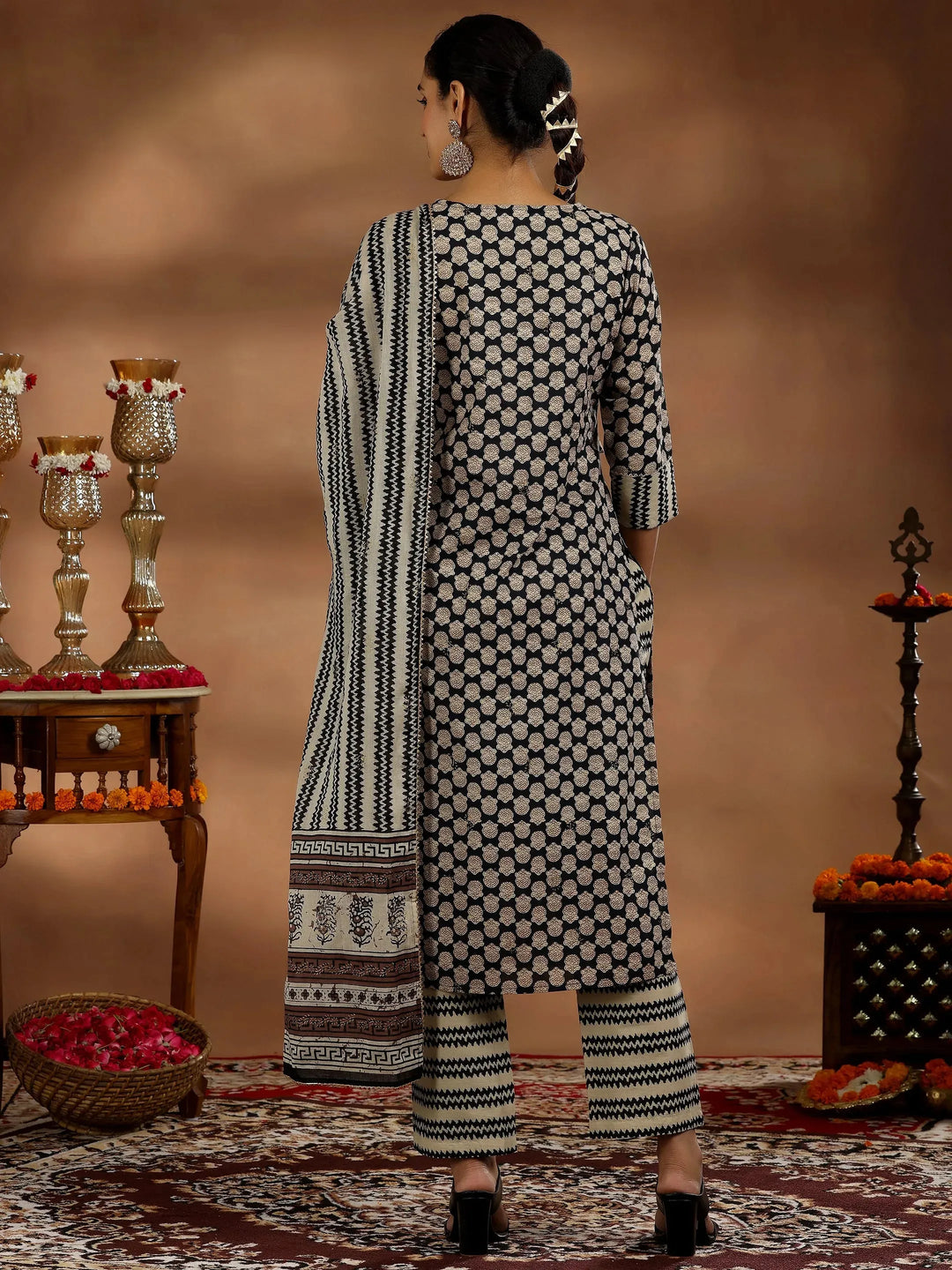  Black Printed Cotton Straight Suit With Dupatta 