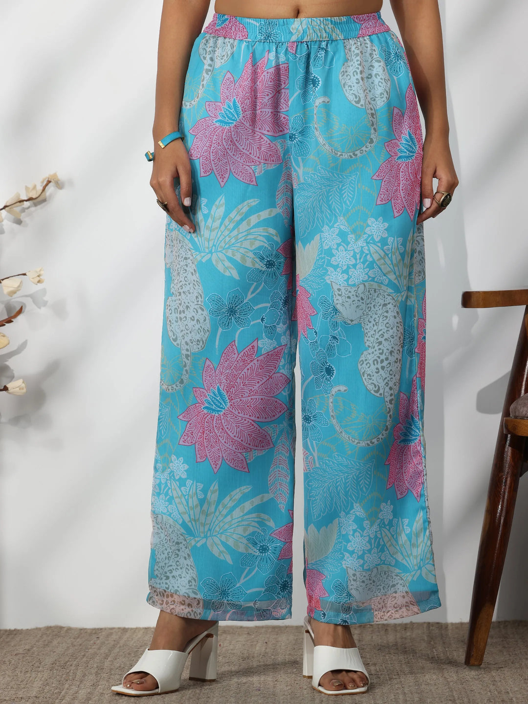  Blue Printed Poly Chiffon A-Line Kurta With Palazzos & Dupatta 