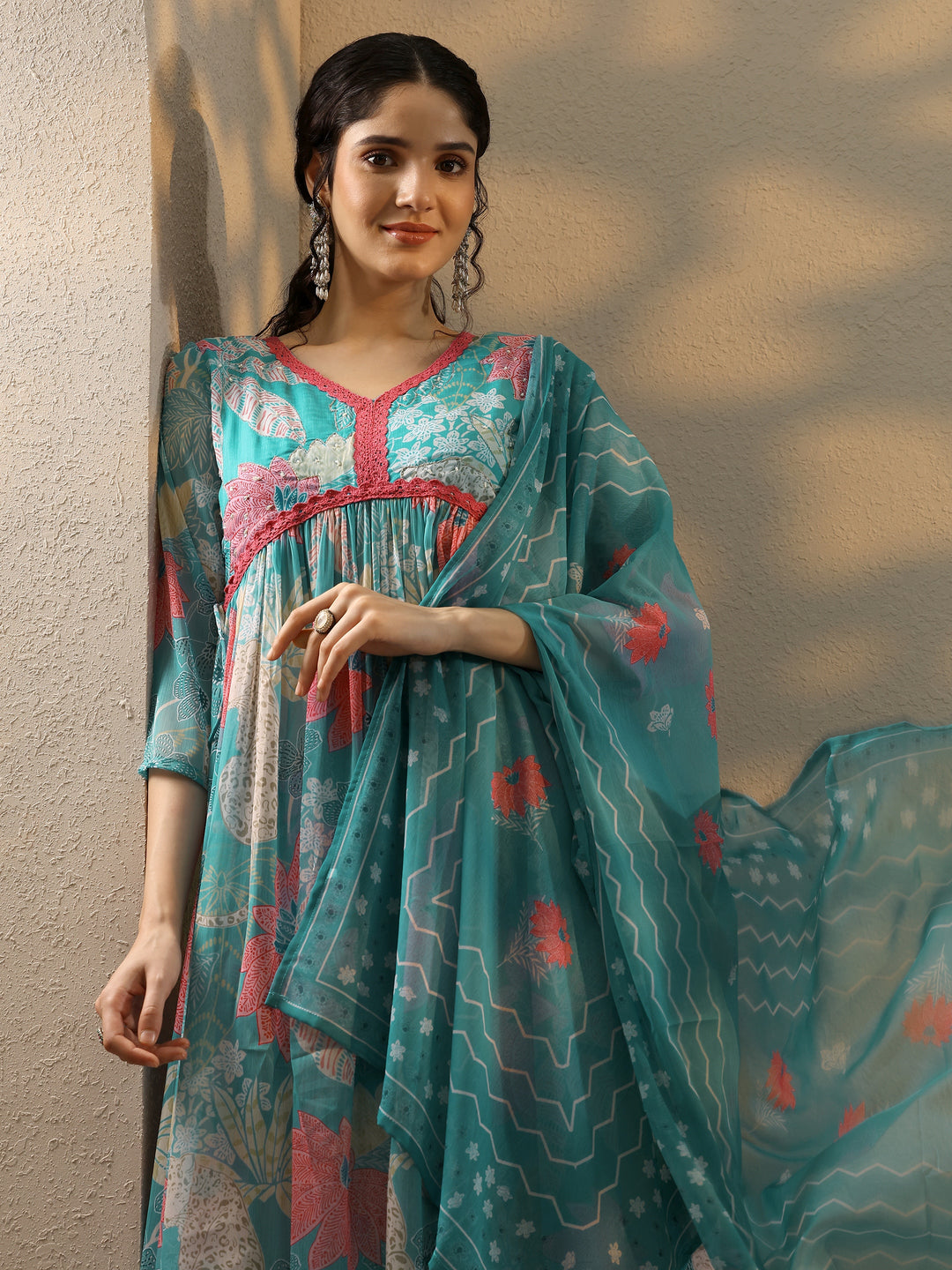 Blue Printed Poly Chiffon A-Line Kurta With Palazzos & Dupatta