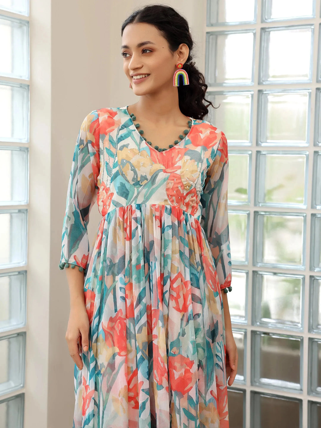  Off white Printed Poly Chiffon A-Line Kurta With Palazzos & Dupatta 
