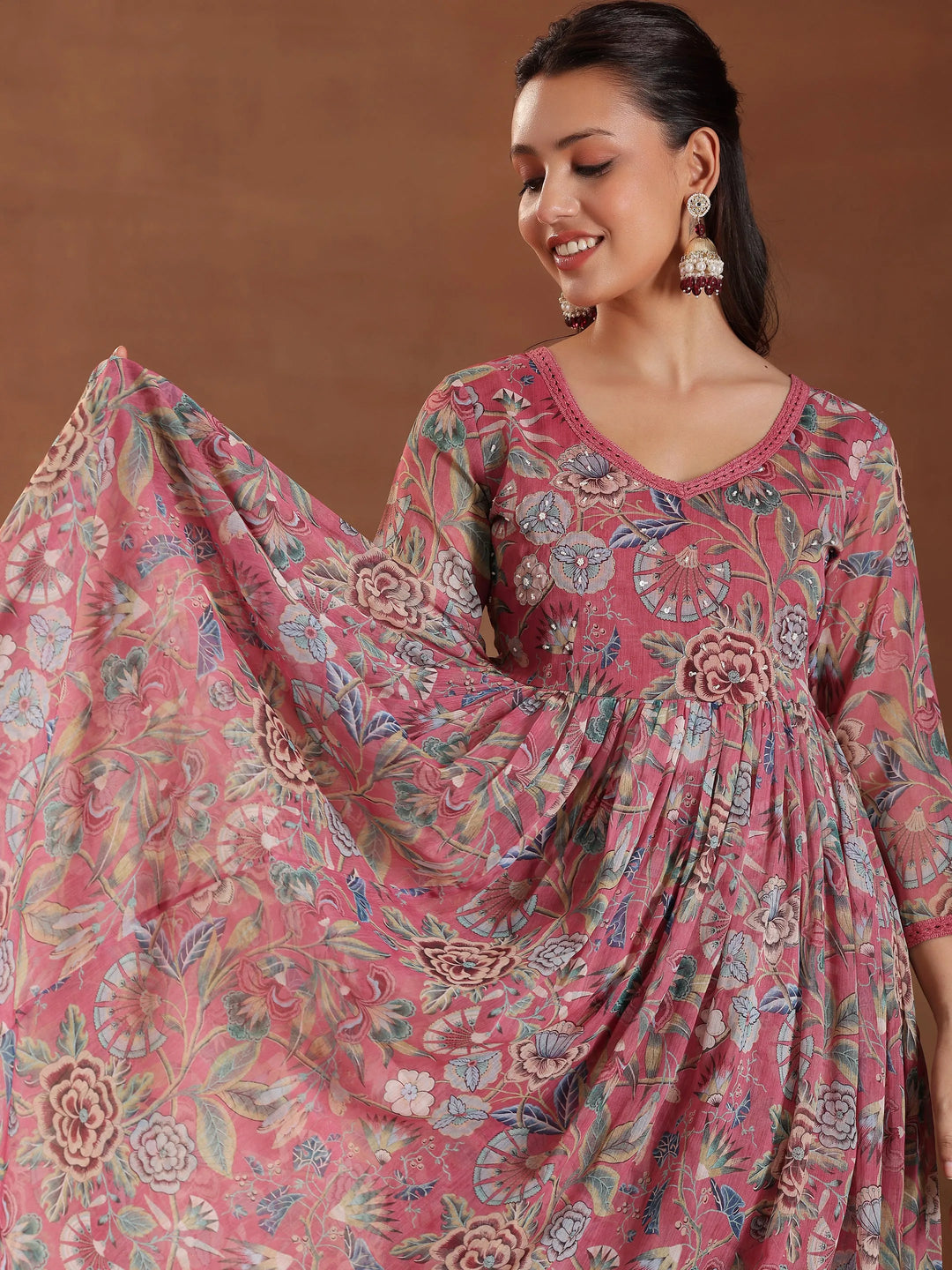  Mauve Printed Poly Chiffon A-Line Kurta With Palazzos & Dupatta 