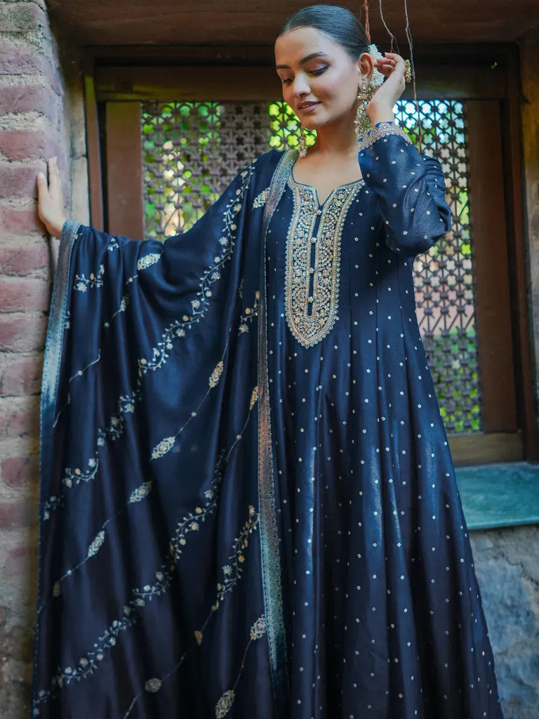 Libas Rizwana Blue Embroidered Silk Blend A-Line Kurta With Trousers & Dupatta