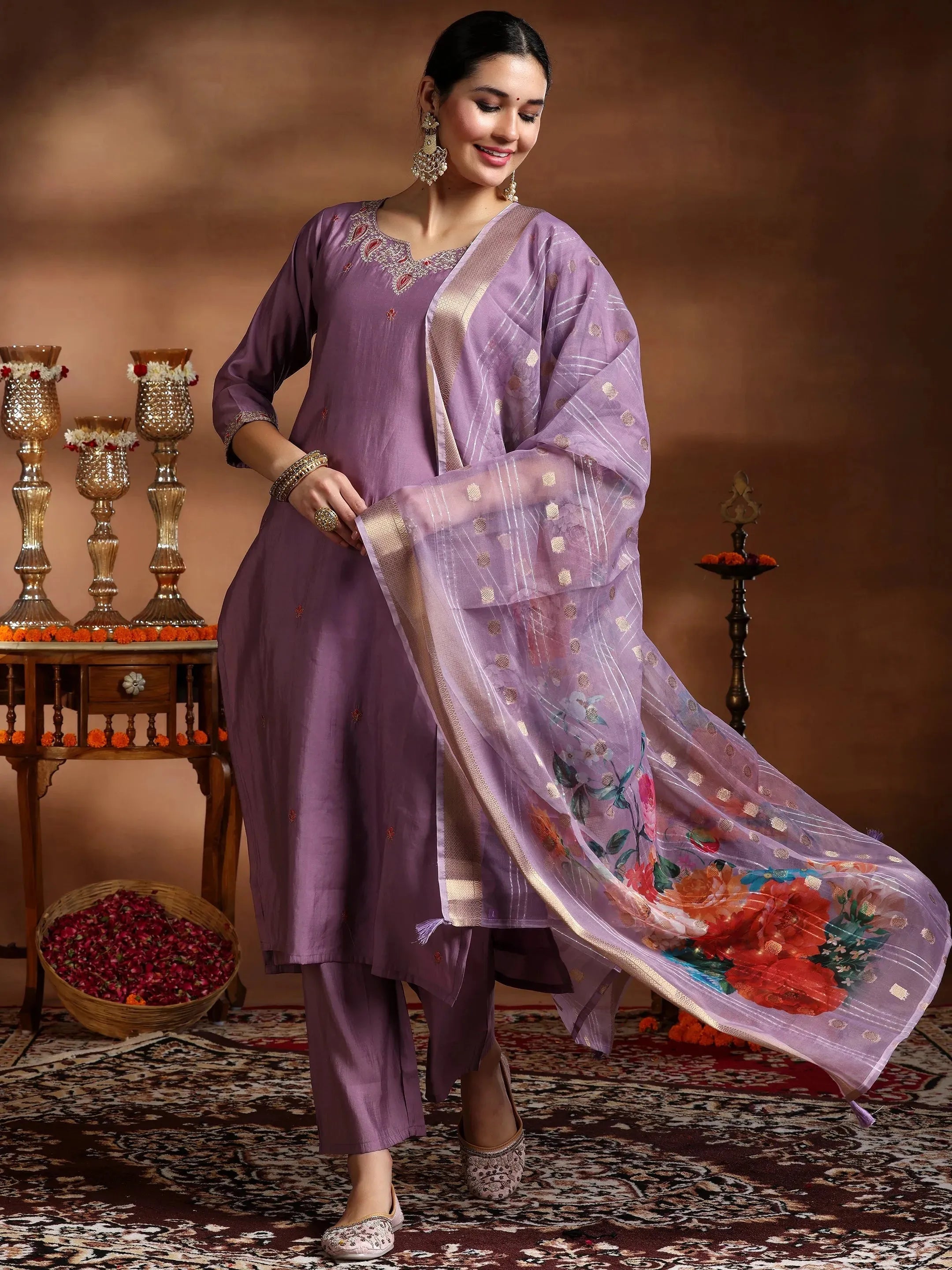 Mauve Embroidered Silk Blend Straight Suit With Dupatta-image-25