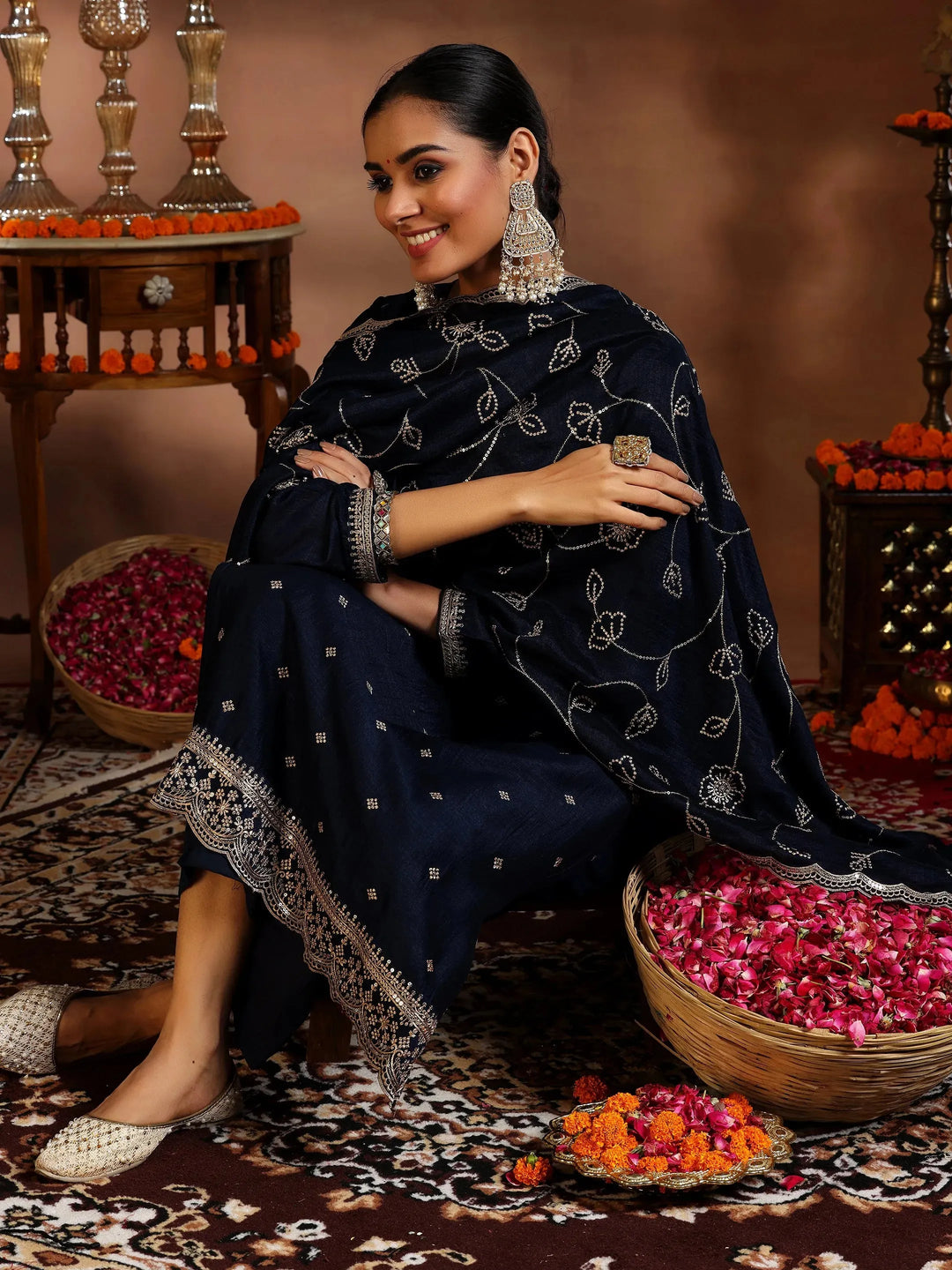  Blue Embroidered Silk Blend Straight Suit With Dupatta 