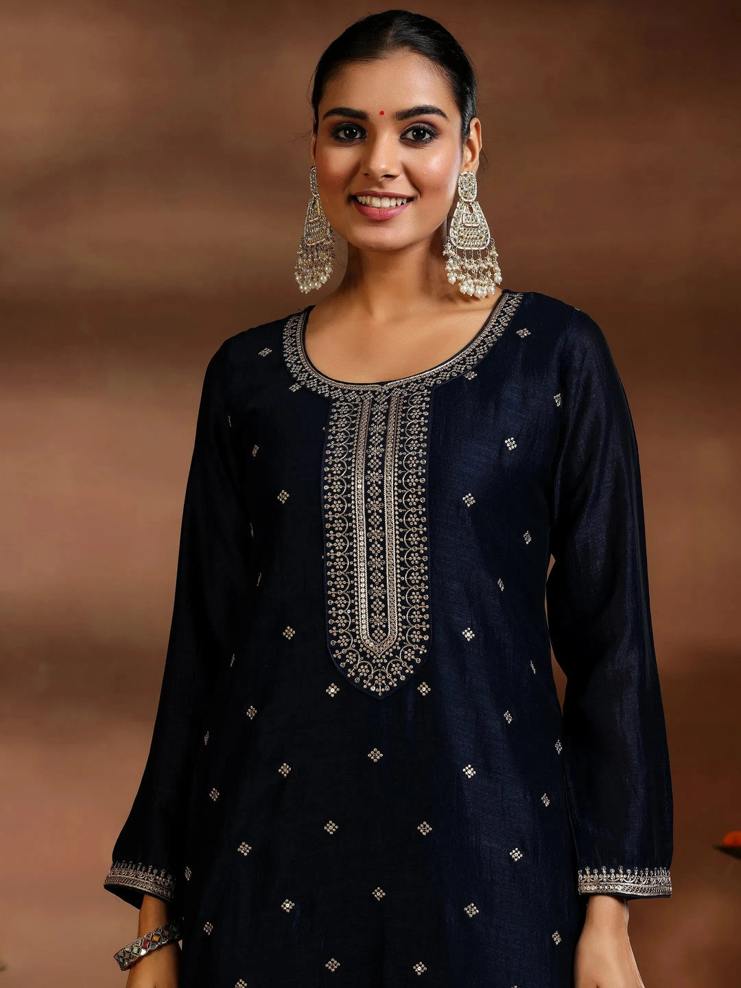  Blue Embroidered Silk Blend Straight Suit With Dupatta 