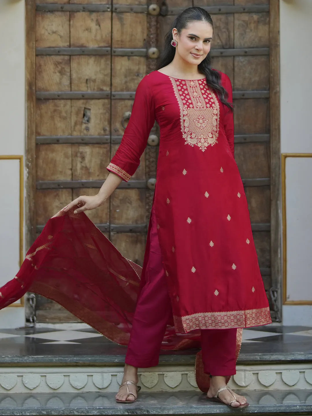 Red Woven Design Silk Blend Straight Suit With Dupatta-image-40