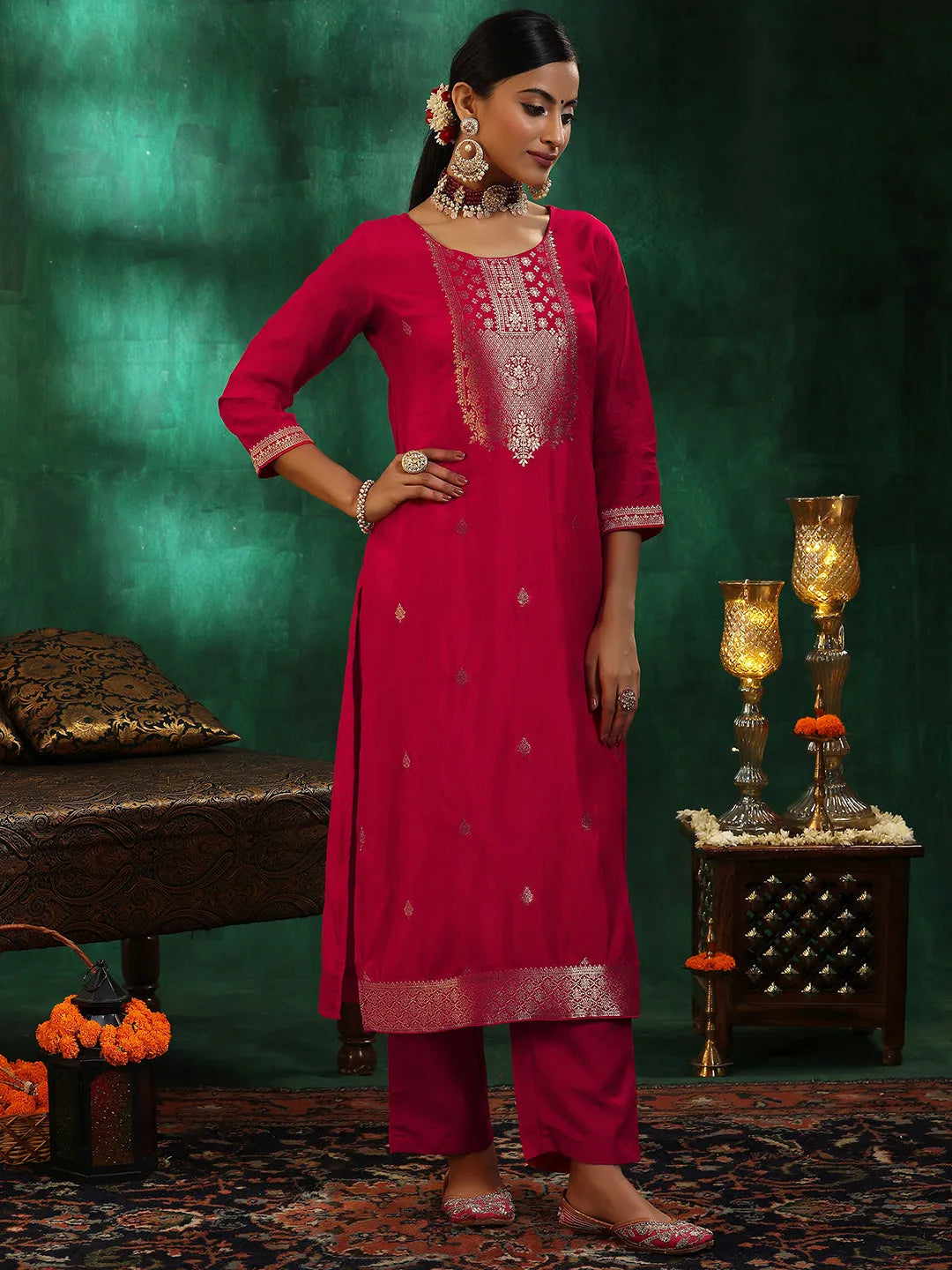  Red Woven Design Silk Blend Straight Suit With Dupatta 