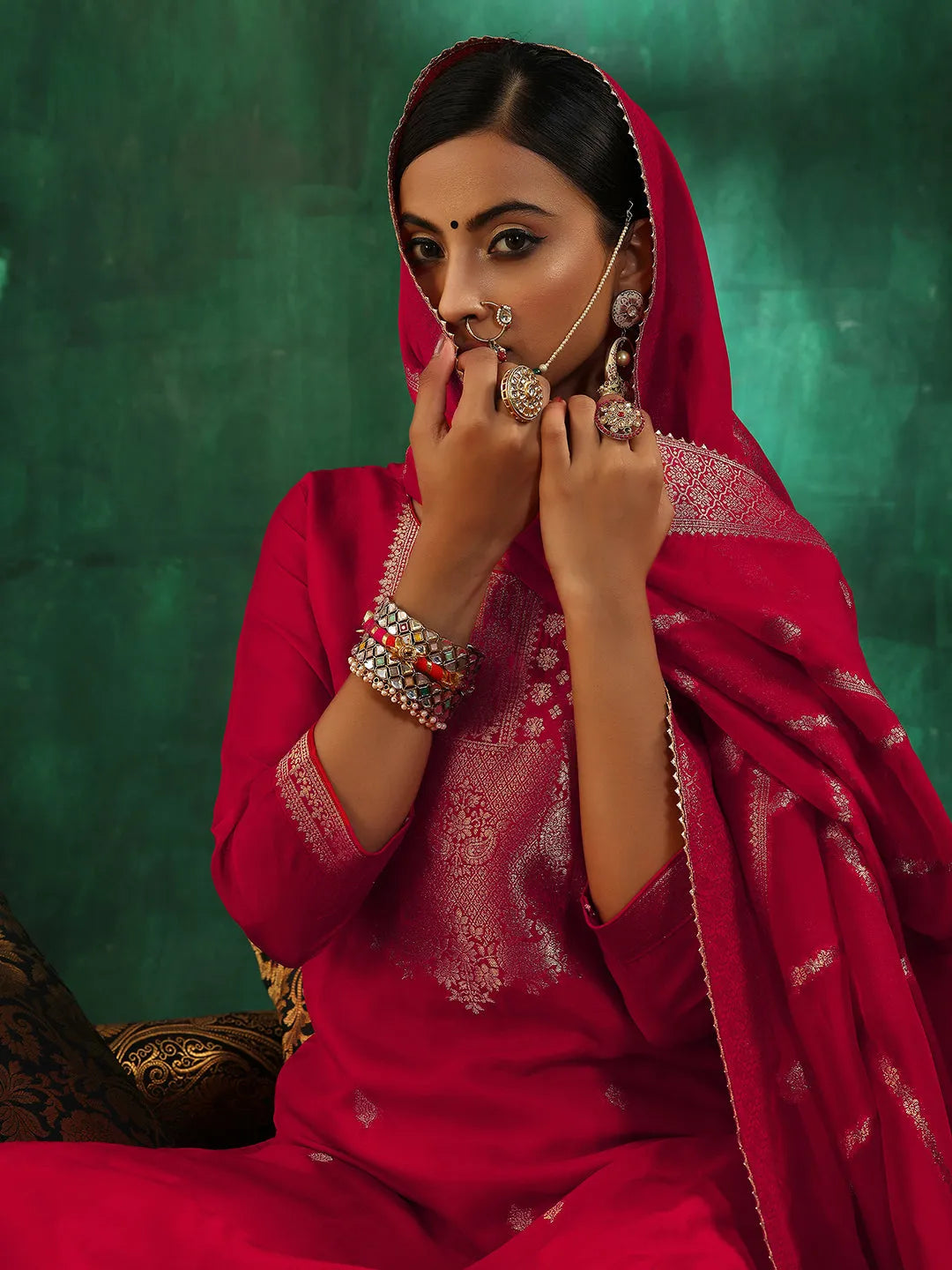  Red Woven Design Silk Blend Straight Suit With Dupatta 