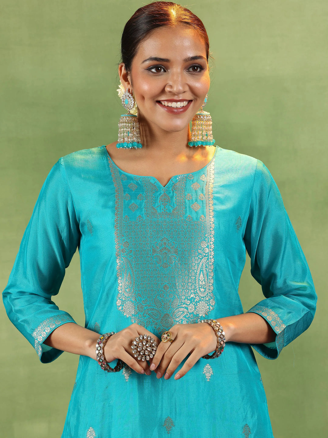  Rama Green Woven Design Silk Blend Straight Suit With Dupatta 