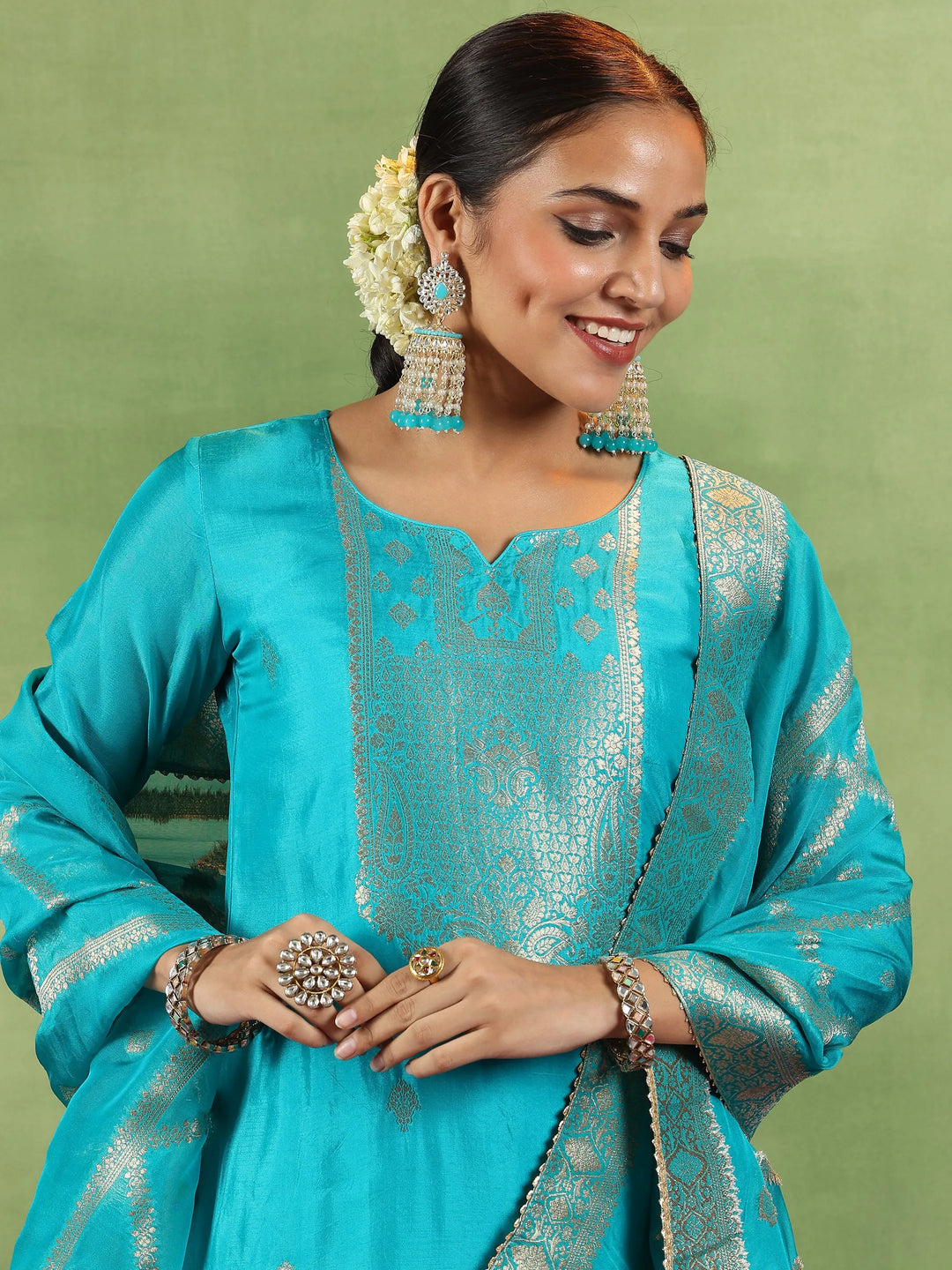  Rama Green Woven Design Silk Blend Straight Suit With Dupatta 
