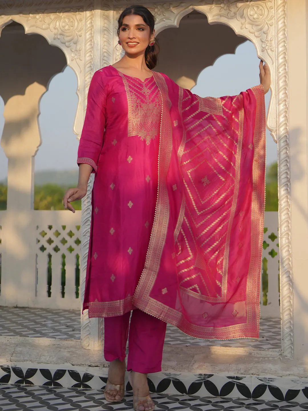 libas Pink Woven Design Silk Blend Straight Suit With Dupatta-picture-13