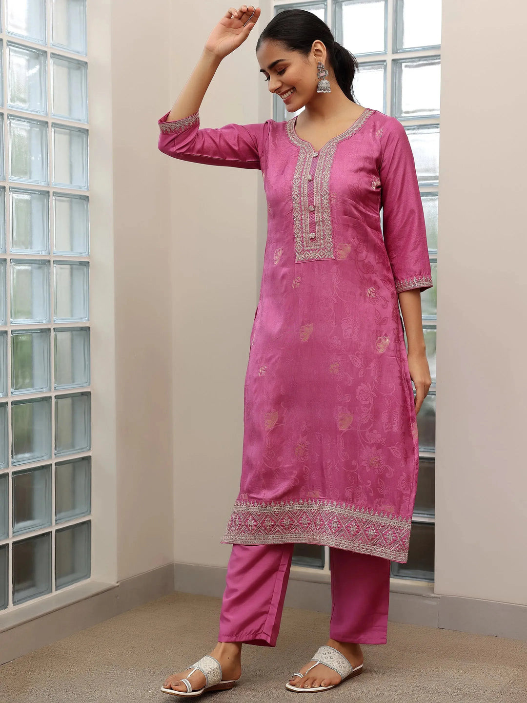  Mauve Woven Design Silk Blend Straight Suit With Dupatta 