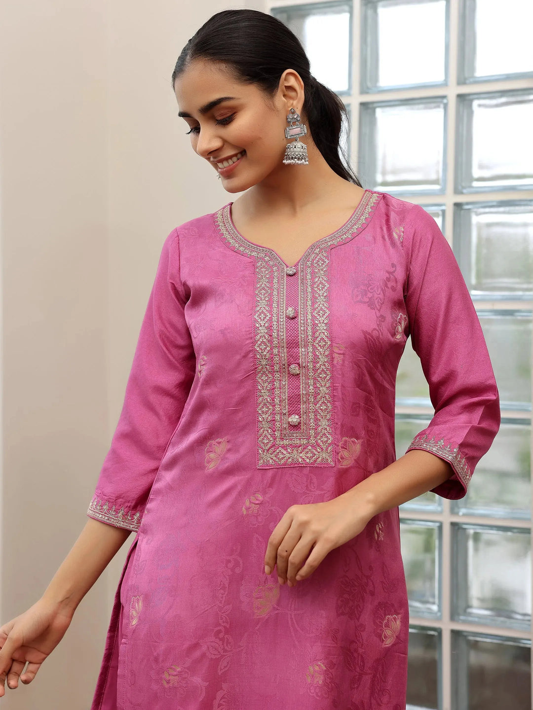  Mauve Woven Design Silk Blend Straight Suit With Dupatta 