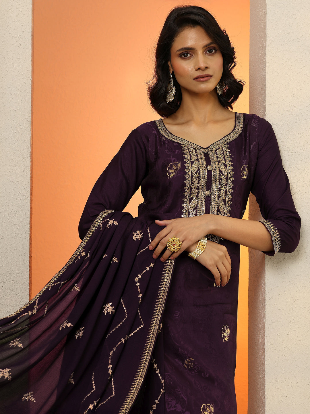Wine Woven Design Silk Blend Straight Suit With Dupatta