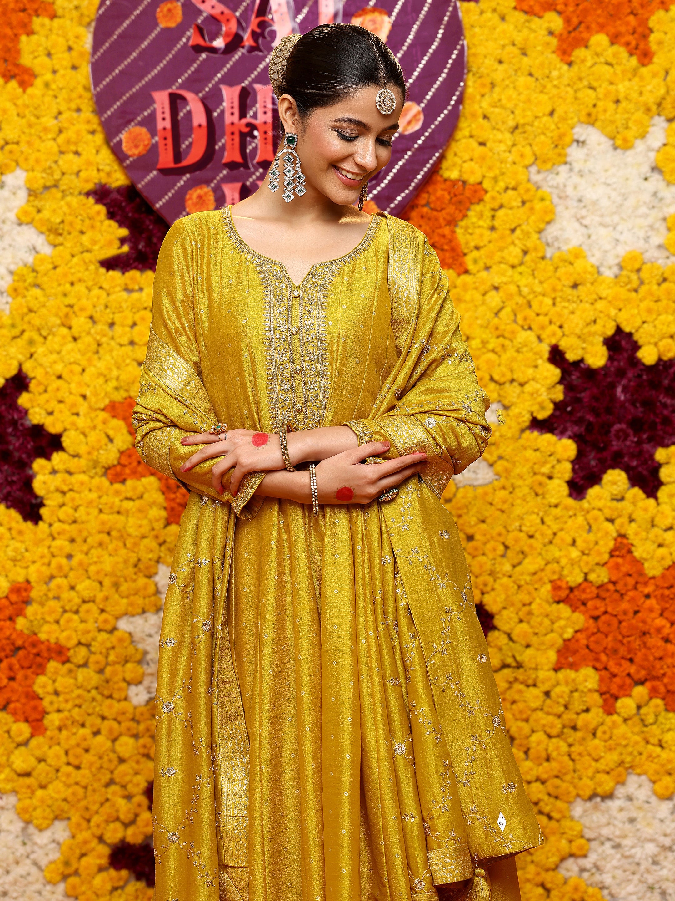 libas Mustard Embroidered Silk Blend A-Line Kurta With Palazzos & Dupatta-picture-17