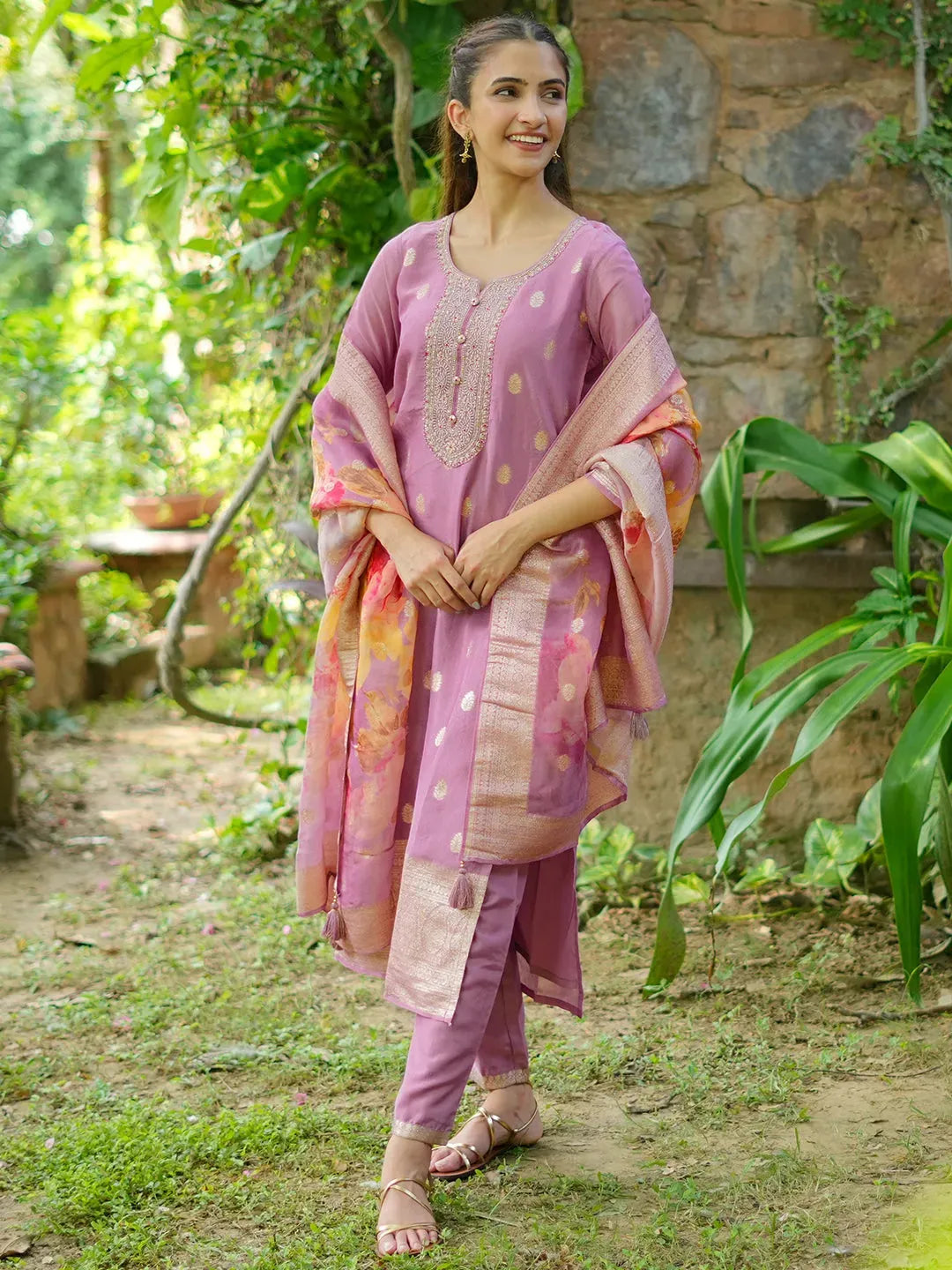 Mauve Woven Design Silk Blend Straight Kurta With Palazzos & Dupatta-image-49