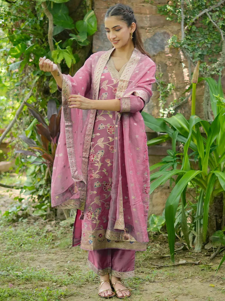 Libas Mauve Woven Design Silk Blend Straight Kurta With Trousers & Dupatta
